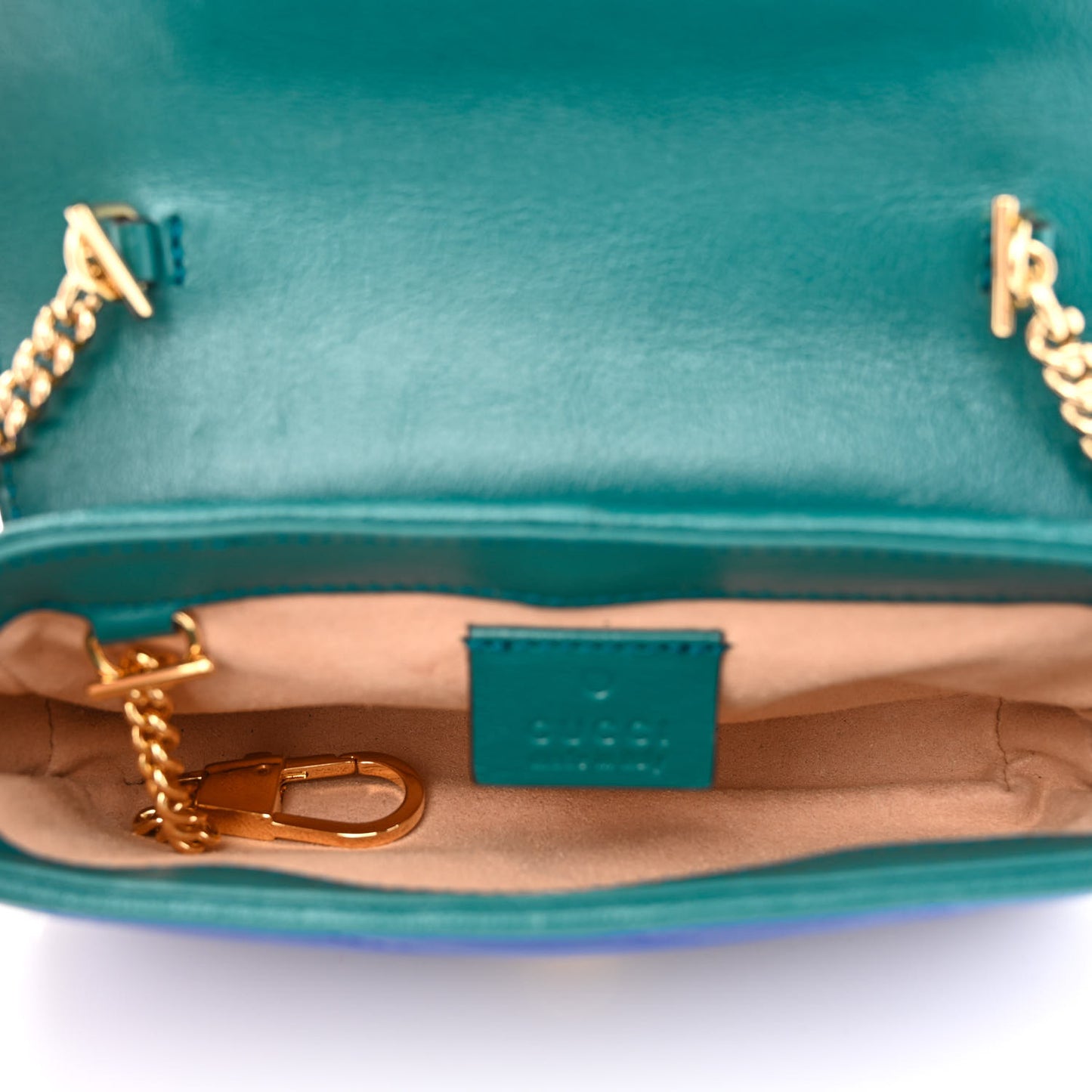 Azalea Calfskin Enamel Matelasse Diagonal Super Mini Torchon GG Marmont Shoulder Bag Imperial Blue Pavone