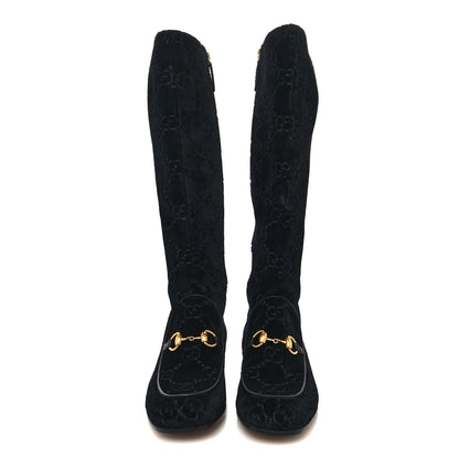 Gucci Velvet GG Monogram Crystal Horsebit Knee High Boots 38 Black 2 of 7