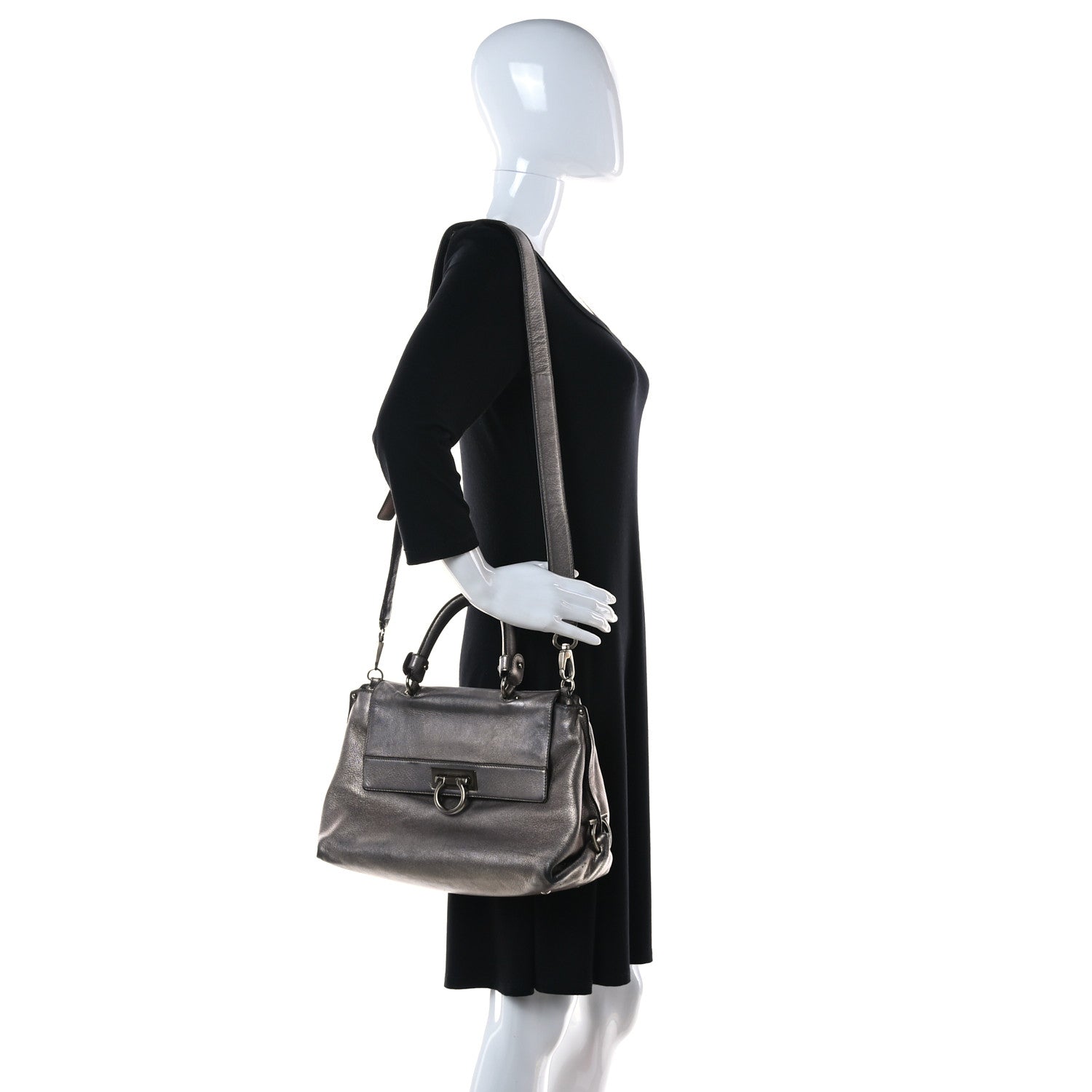 Salvatore Ferragamo Metallic Grained Calfskin Sofia Satchel Silver 2 of 39