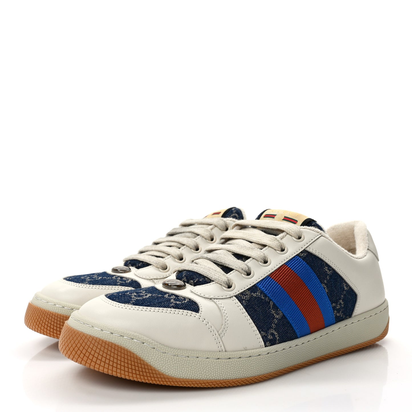 Denim GG Monogram Calfskin Web Womens Screener Sneakers 40.5 Blue Tea New Mystic White