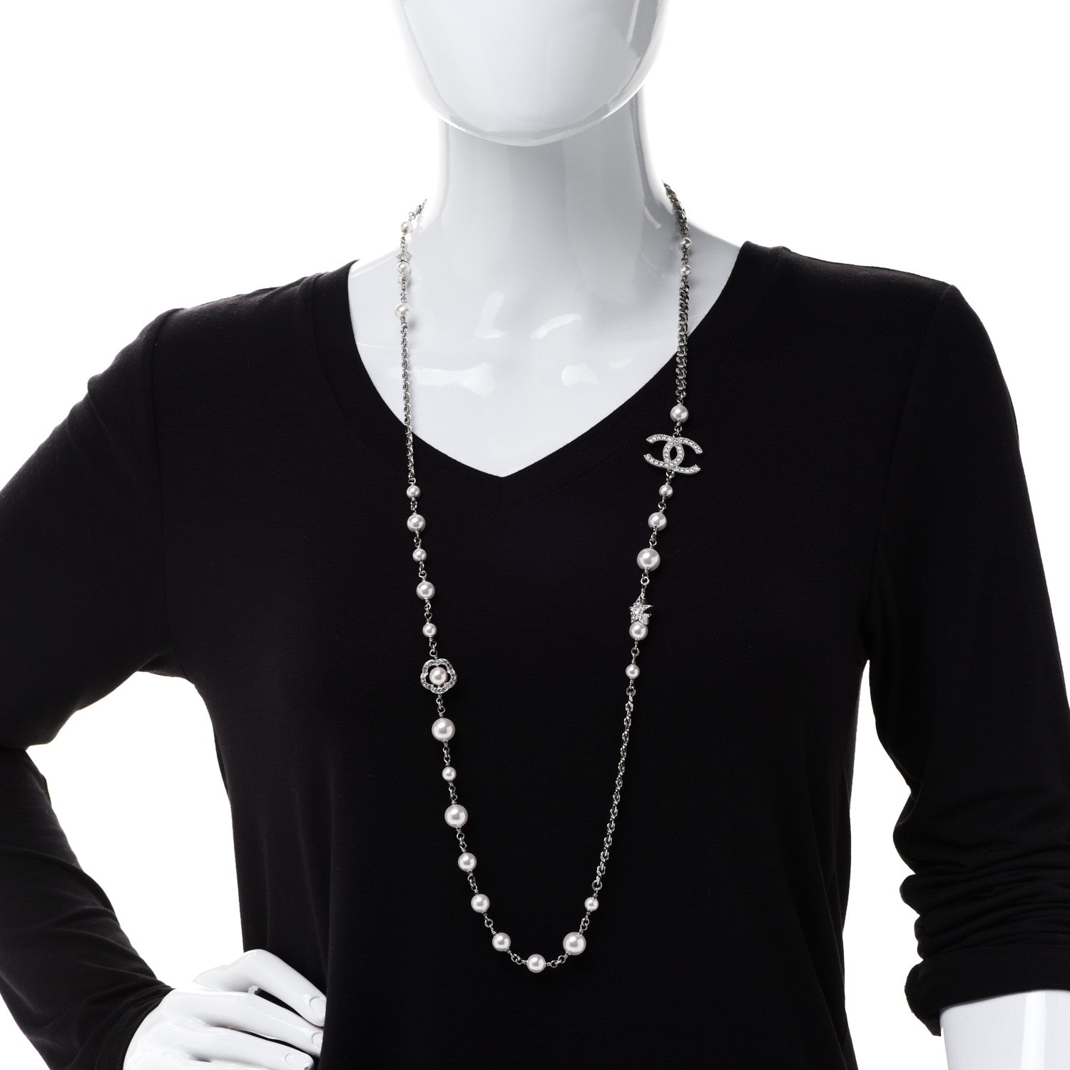 Chanel Pearl Crystal Star CC Necklace Silver 2 of 5