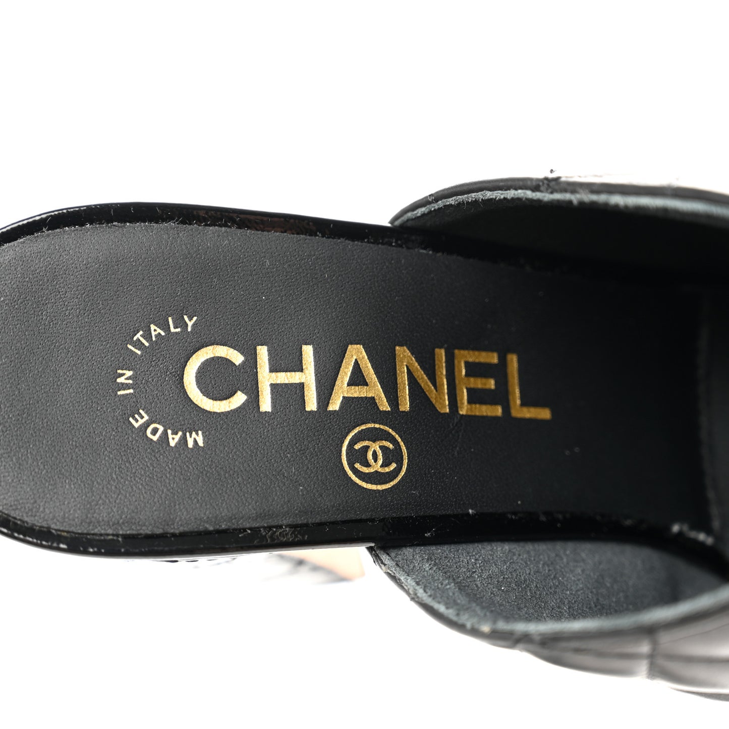 Patent Calfskin Quilted Cap Toe CC Mules 37 Black