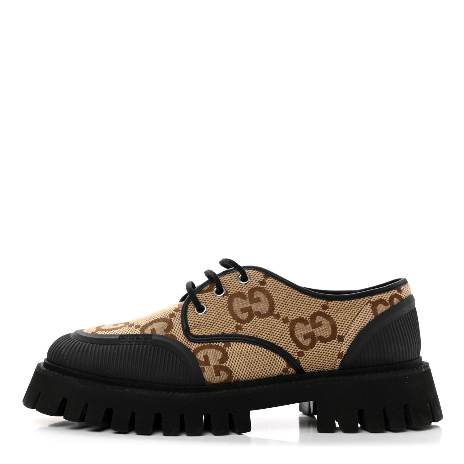 Gucci Monogram Jumbo GG Miro Soft Calfskin Mens Lug Sole Derby Loafers 8.5 Camel Ebony Black 1 of 9