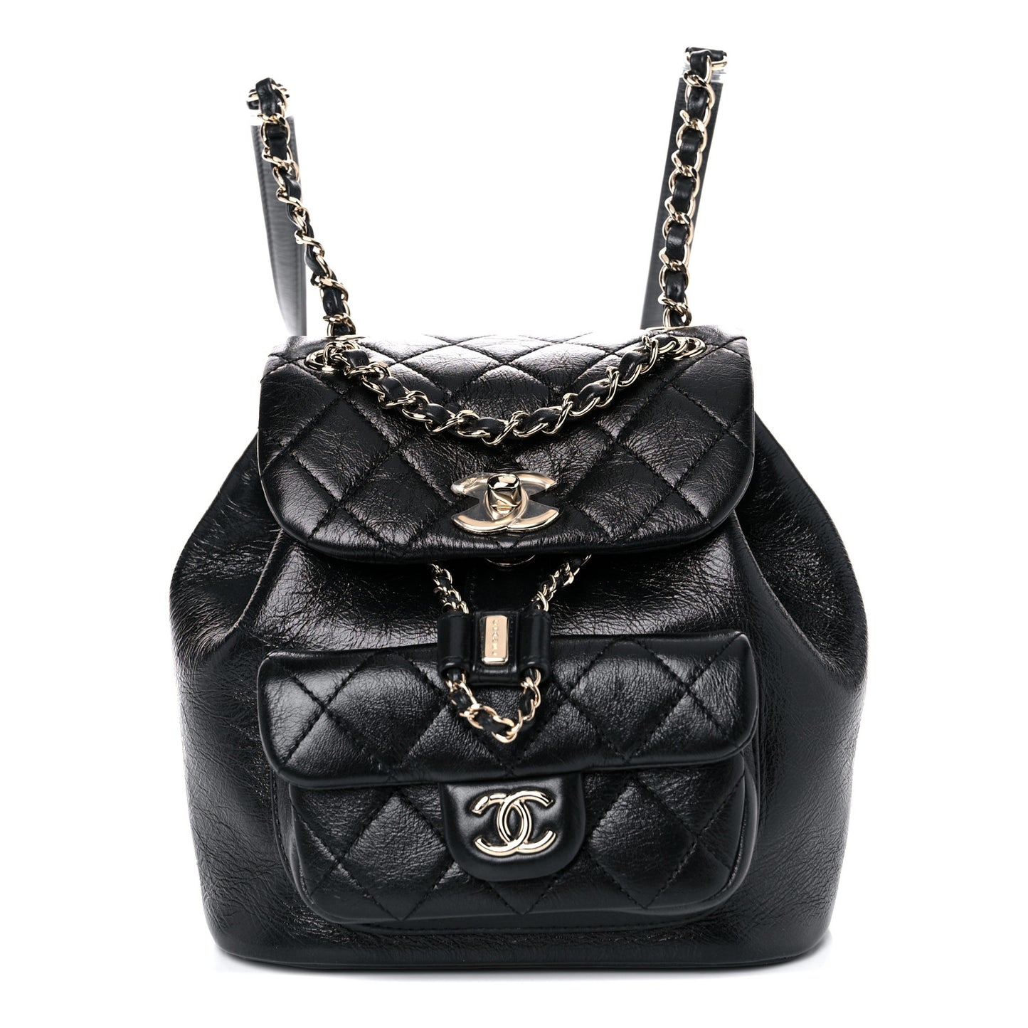 Glazed Aged Calfskin Quilted Small Duma Drawstring Backpack Black