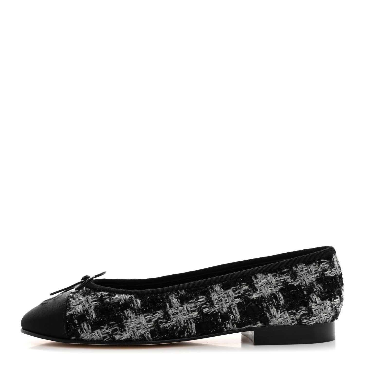 Chanel Wool Cotton Tweed Grosgrain Cap Toe Ballerina Flats 38 Black Gray 1 of 10