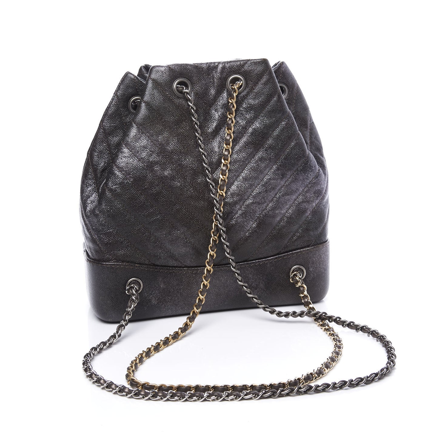 Metallic Grained Goatskin Chevron Quilted Gabrielle Backpack Dark Silver Gold