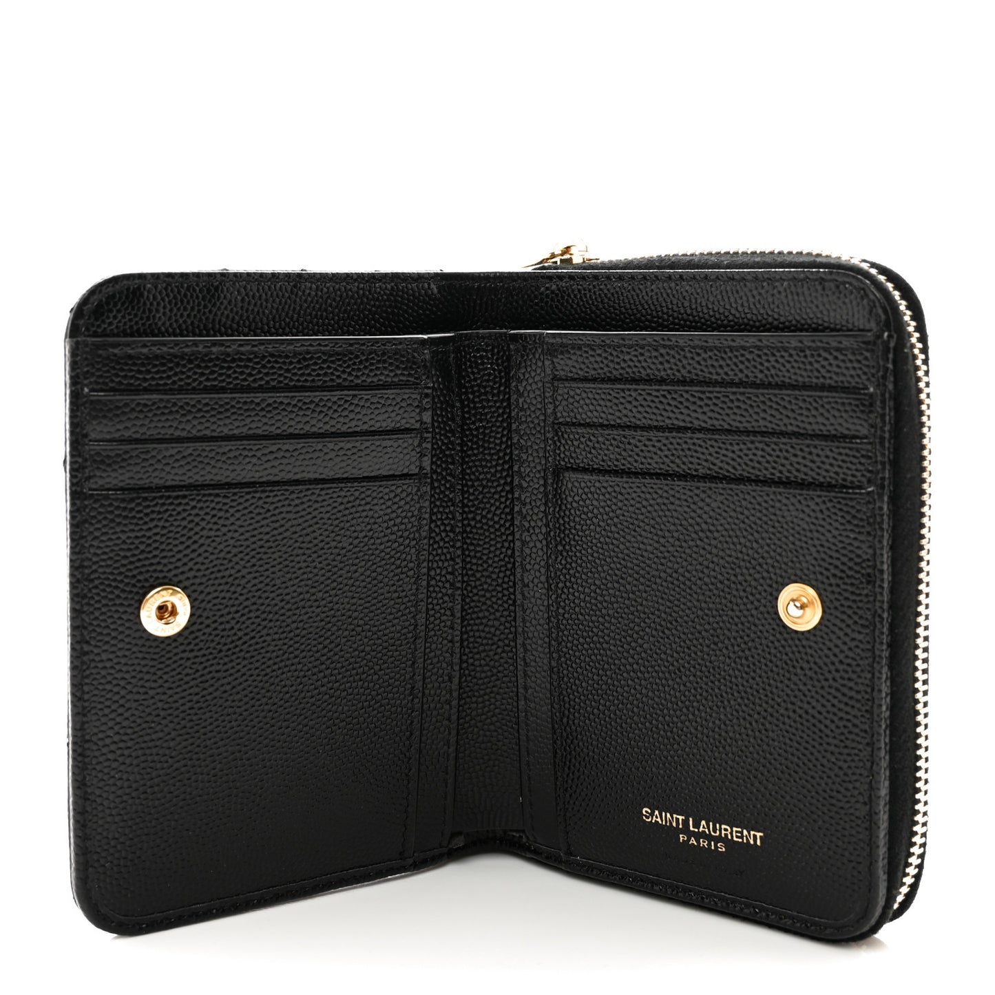 SAINT LAURENT Grain De Poudre Matelasse Chevron Monogram Compact Zip Around Wallet Black