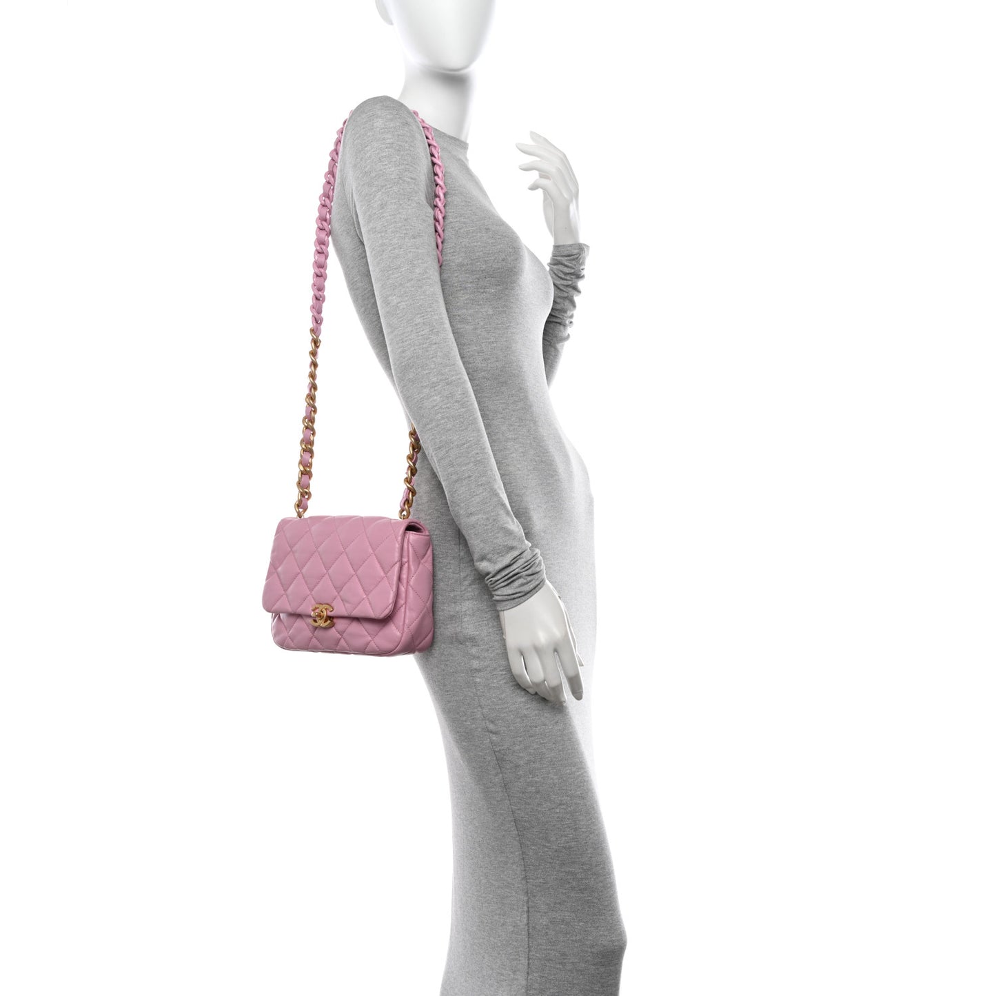 Lambskin Quilted Small Lacquered Chain Flap Pink