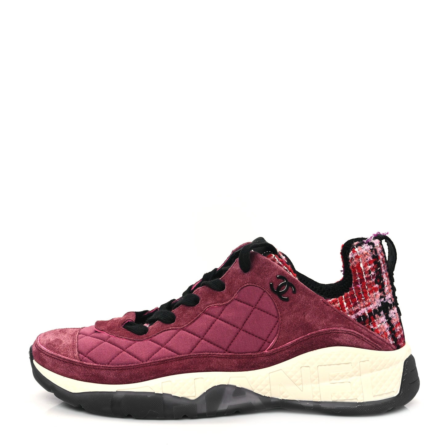 Tweed Suede Calfskin Grained Calfskin Womens CC Sneakers 41 Burgundy Black Silver