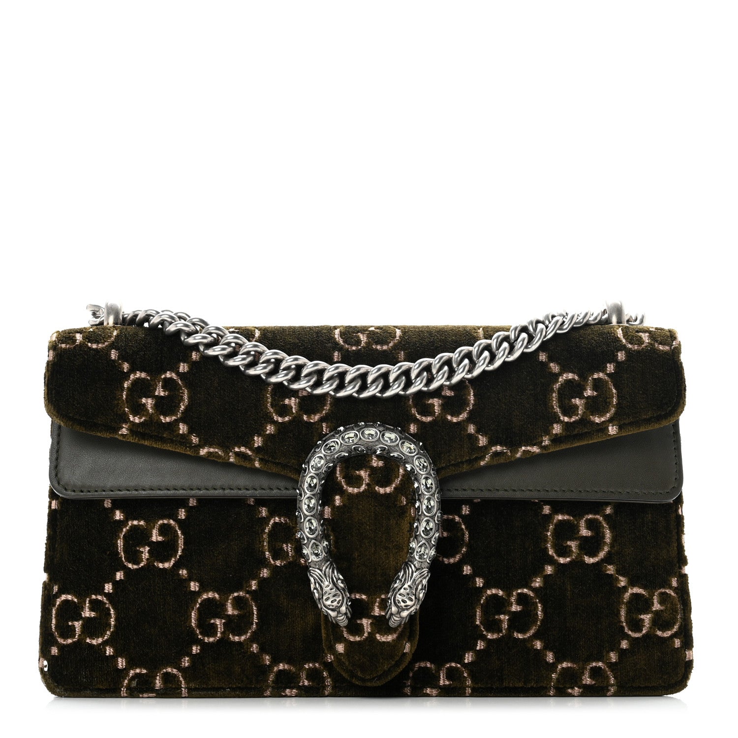 Gucci Velvet Moon Calfskin Crystal GG Monogram Small Dionysus Shoulder Bag Dark Olive Rose Gold 1 of 11
