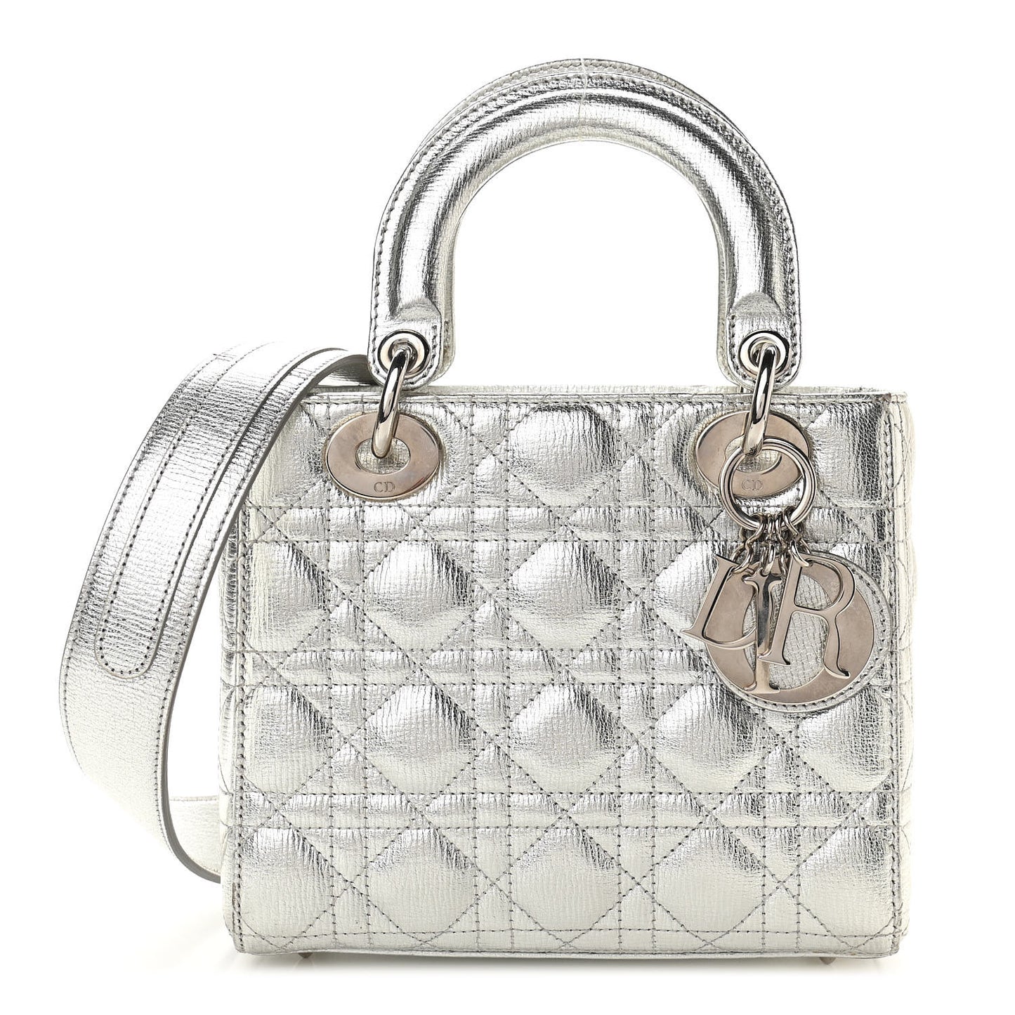 Metallic Grained Calfskin Cannage Small Lucky Badges My Lady Dior Silver