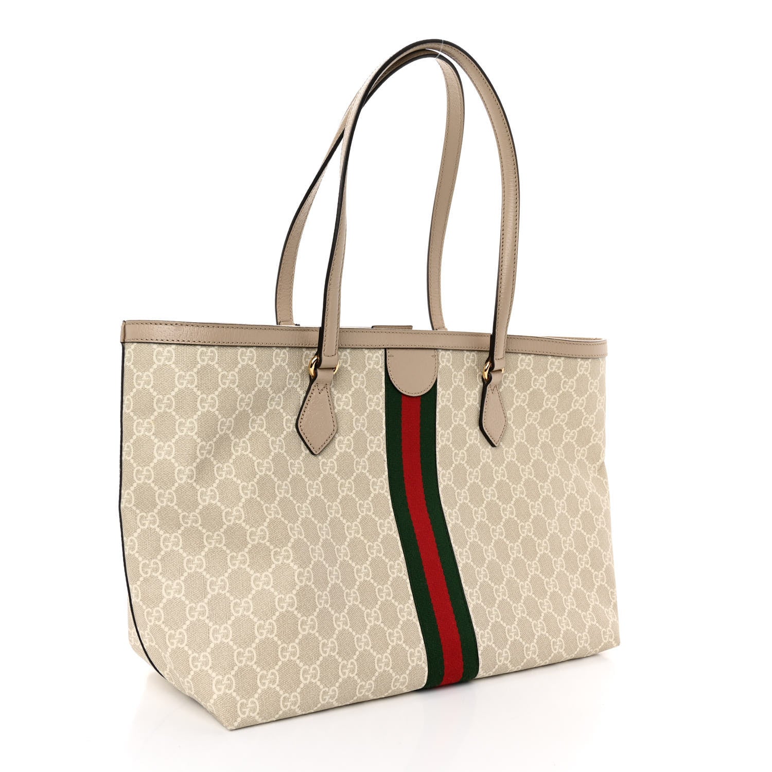 Gucci GG Supreme Monogram Textured Dollar Calfskin Web Medium Ophidia Shopping Tote Beige Mystic White Oatmeal 3 of 9