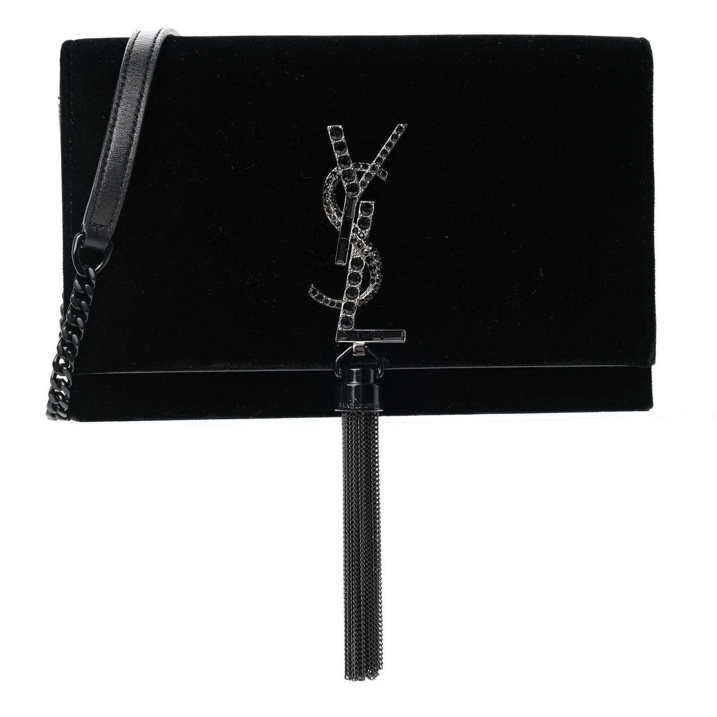 Velvet Crystal Monogram Kate Tassel Chain Wallet Black