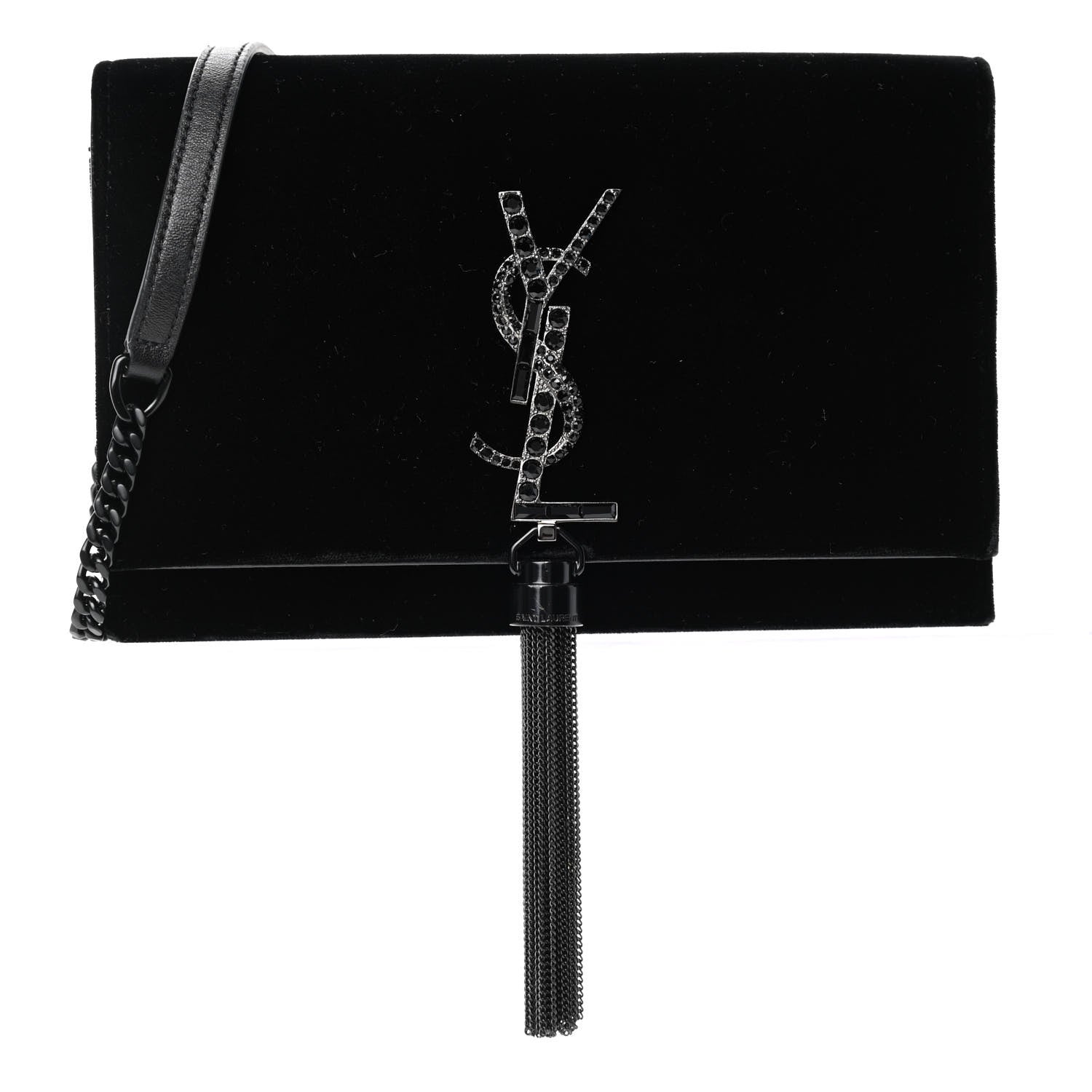 Saint Laurent Velvet Crystal Monogram Kate Tassel Chain Wallet Black 1 of 4
