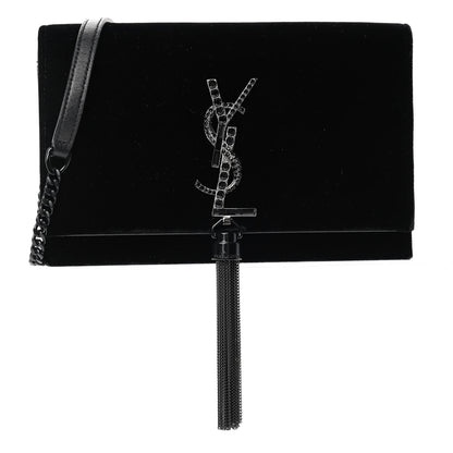 Saint Laurent Velvet Crystal Monogram Kate Tassel Chain Wallet Black 1 of 4