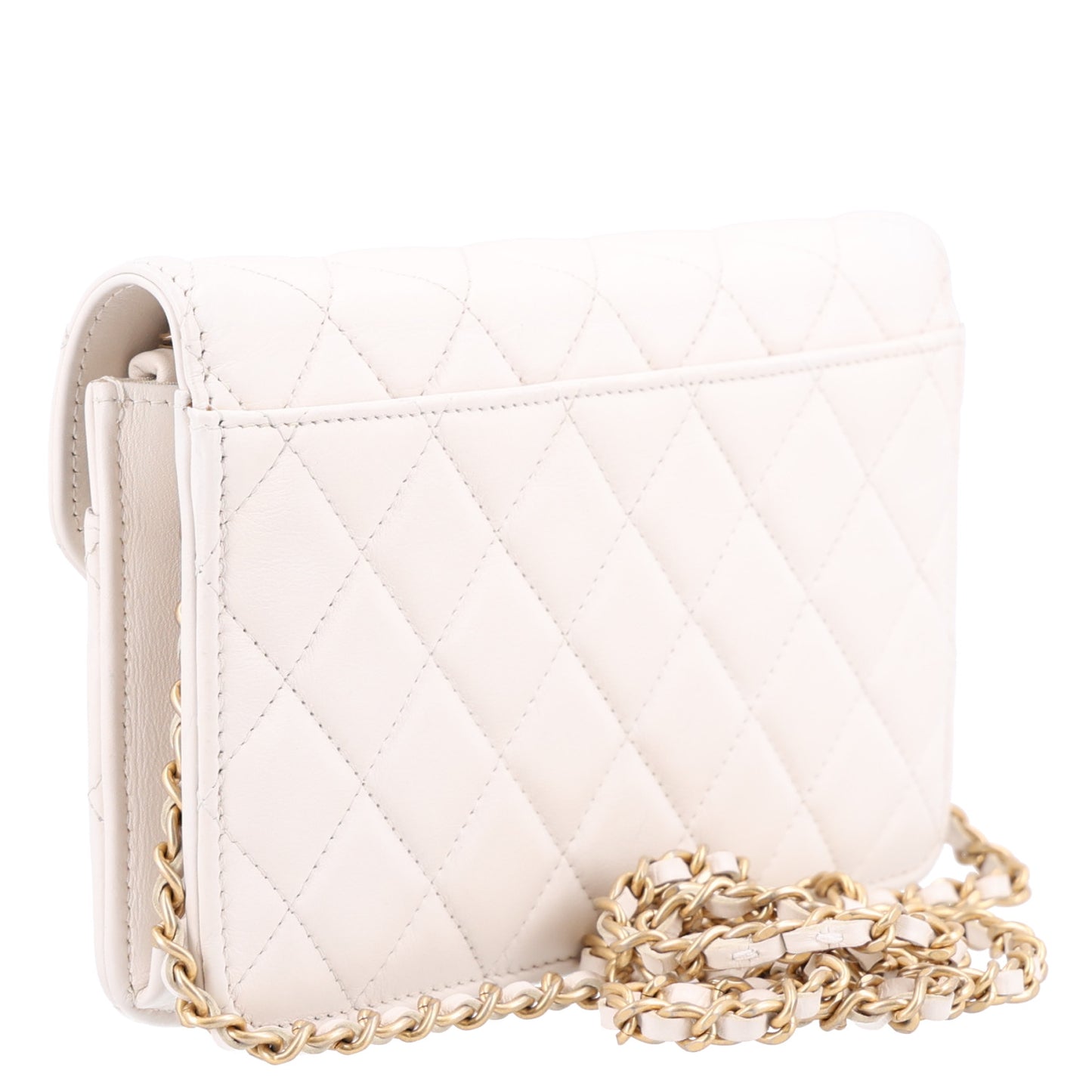 Calfskin Quilted Small Enchained Flap White