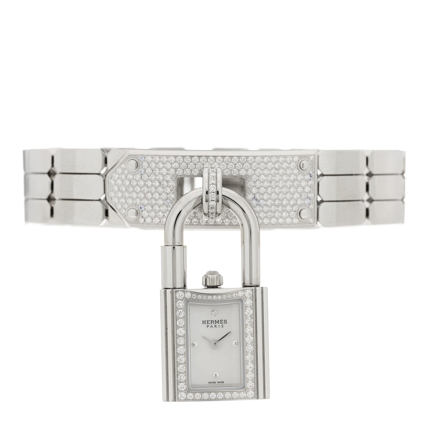 Hermes Stainless Steel Diamond Pave 16mm Kelly Quartz Watch 1 of 6