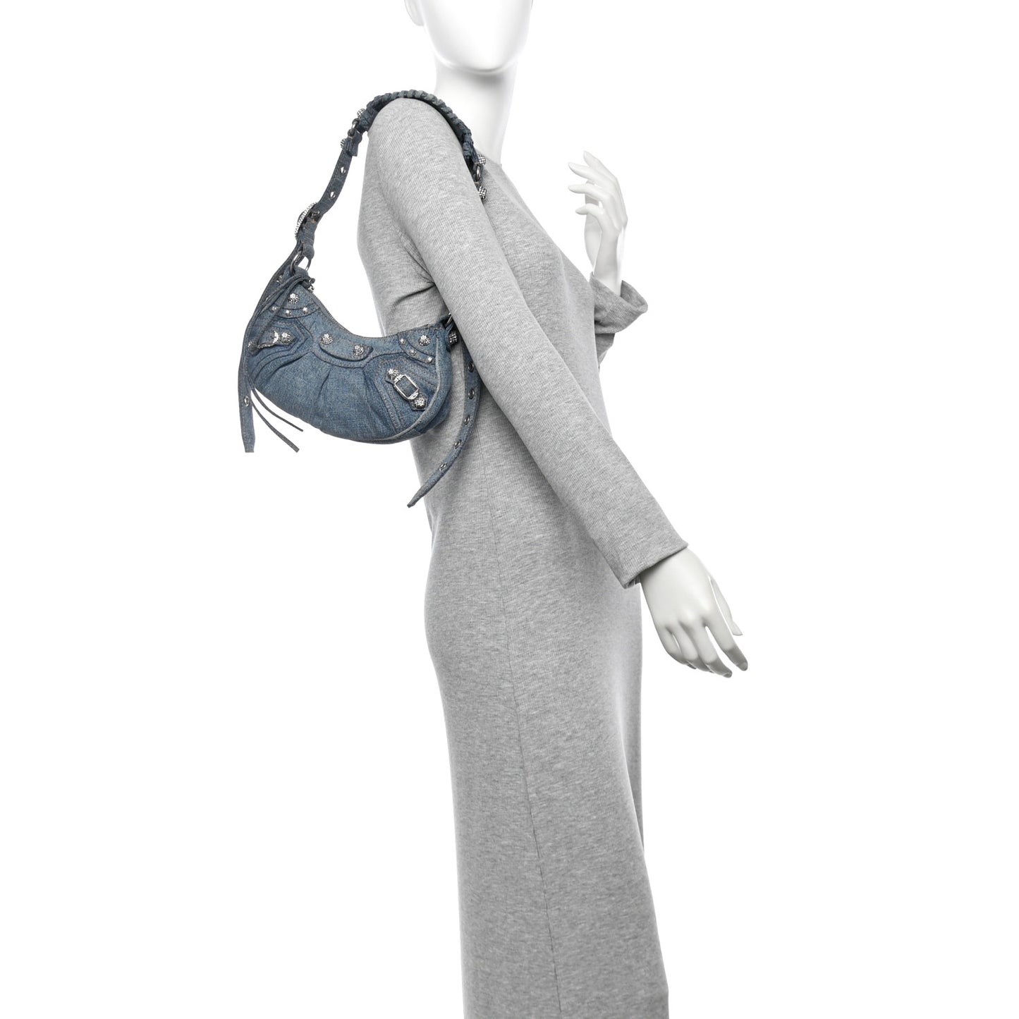 Washed Frayed Denim Crystal Small Le Cagole Shoulder Bag XS Blue