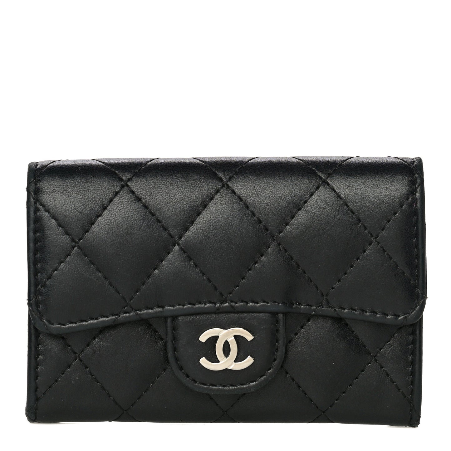 Lambskin Quilted Flap Card Holder Black