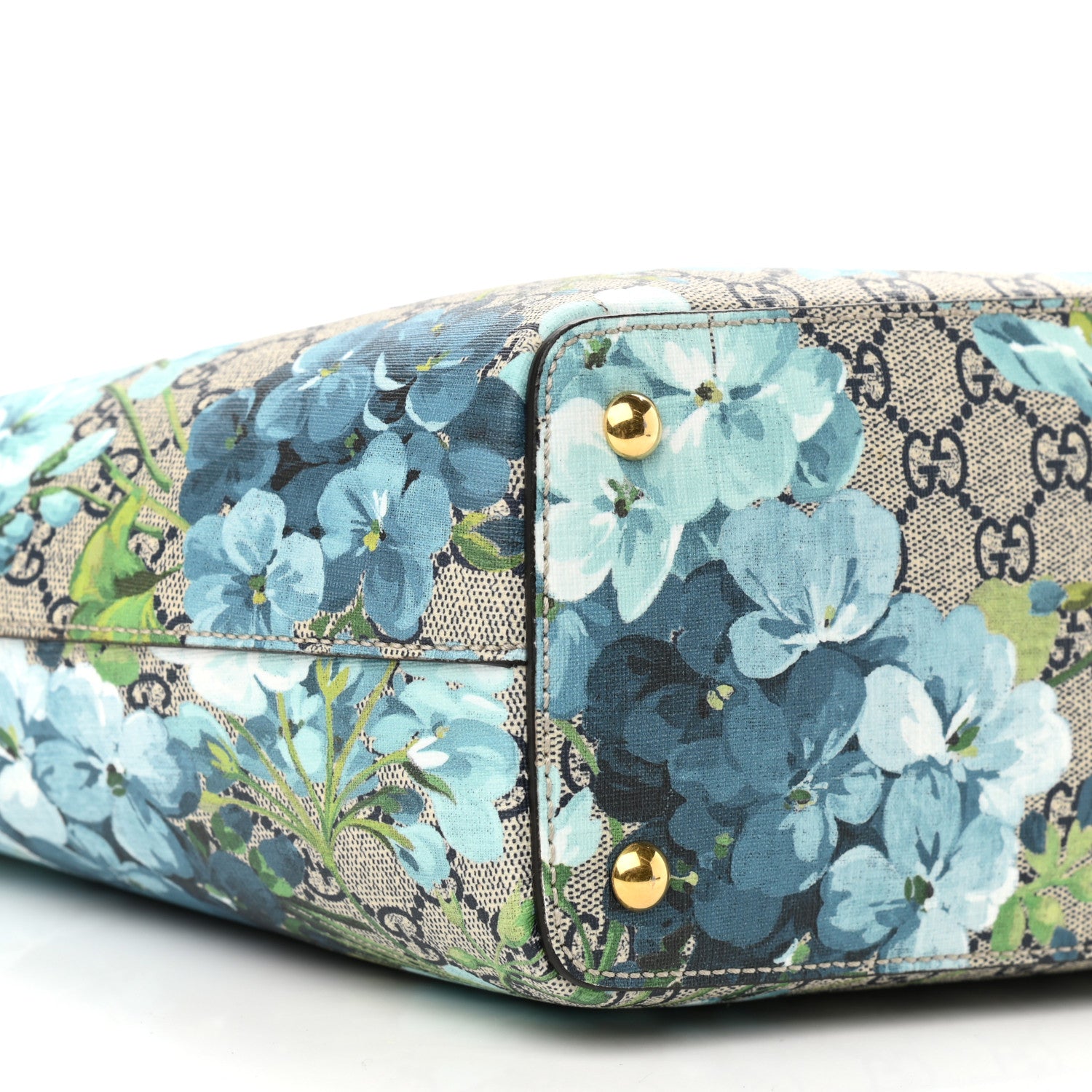 Gucci GG Supreme Monogram Blooms Medium Zippered Bucket Tote Beige Blue Navy Hibiscus Red 5 of 10