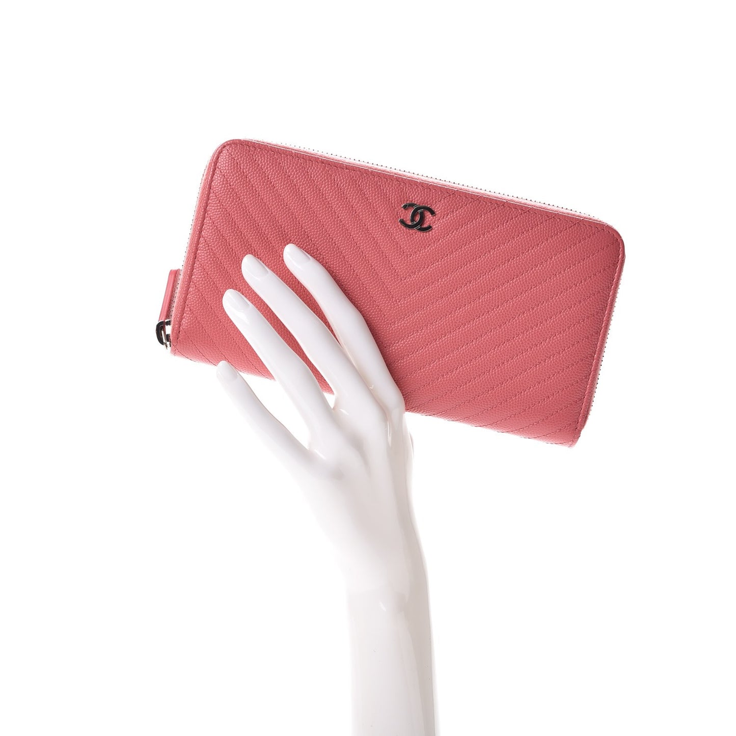 Caviar Chevron Large Gusset Zip Around Wallet Pink