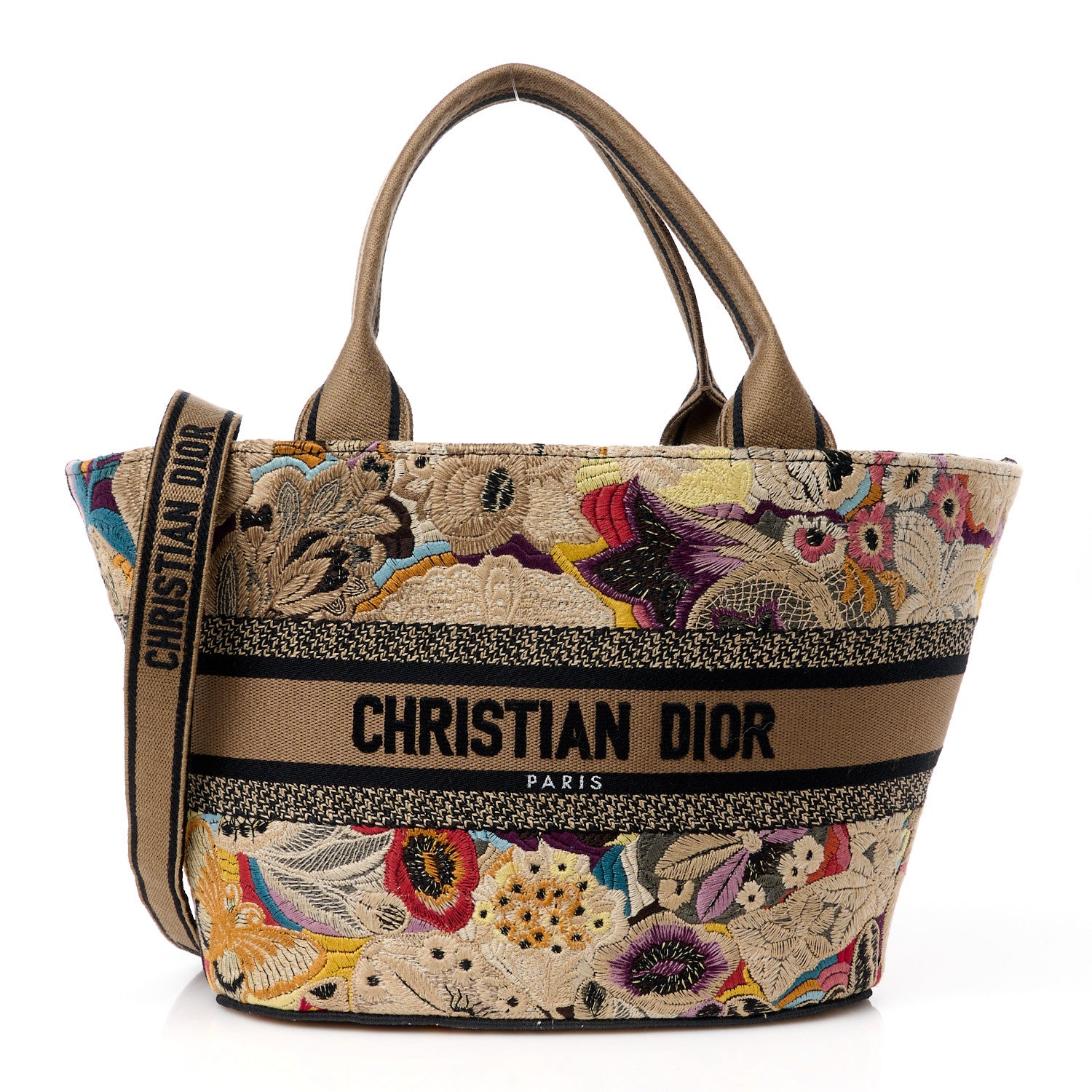 Christian Dior Canvas Embroidered Butterfly Brocart Hat Basket Bag Beige Multicolor 1 of 15