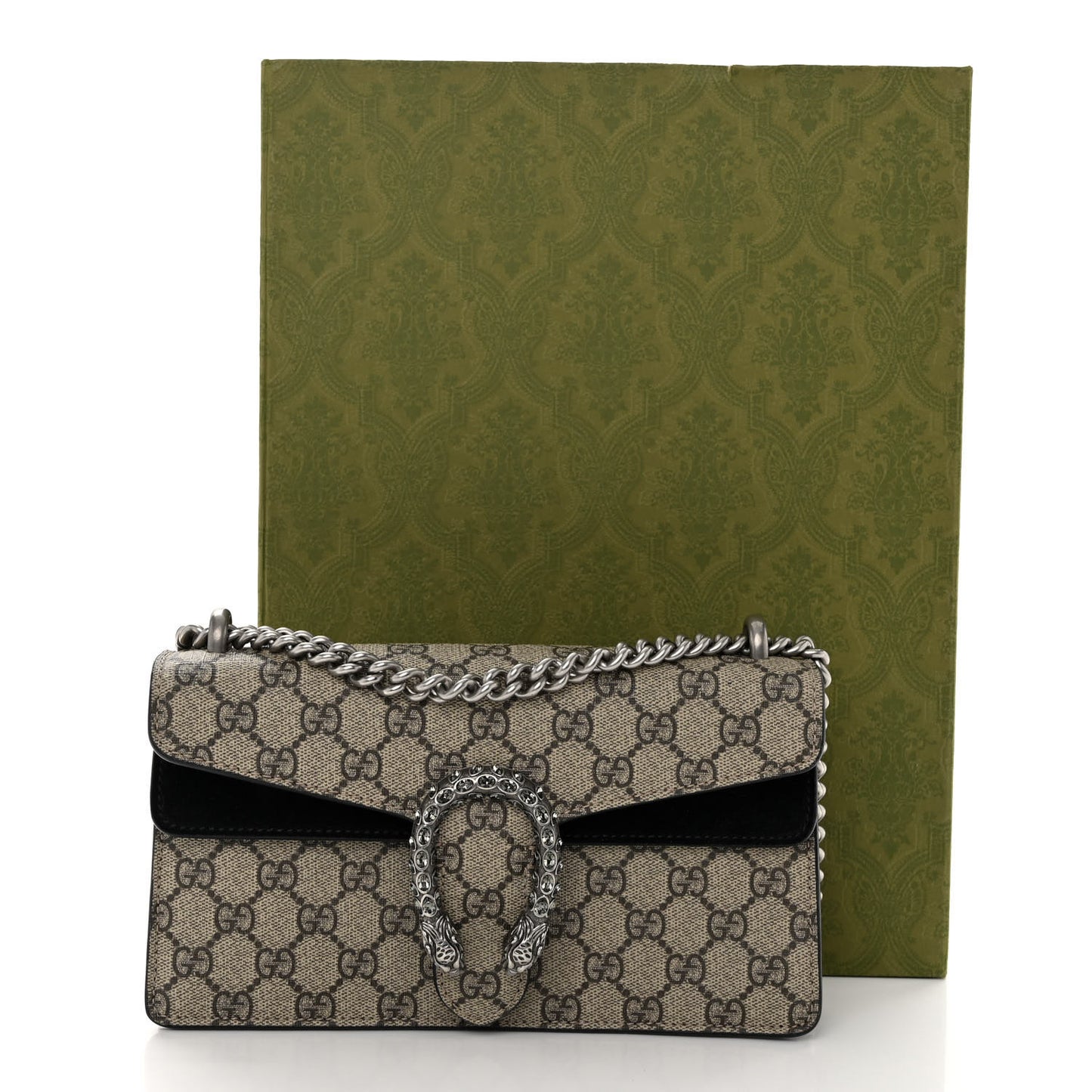 GG Supreme Monogram Suede Crystal Small Dionysus Shoulder Bag Beige Ebony Black