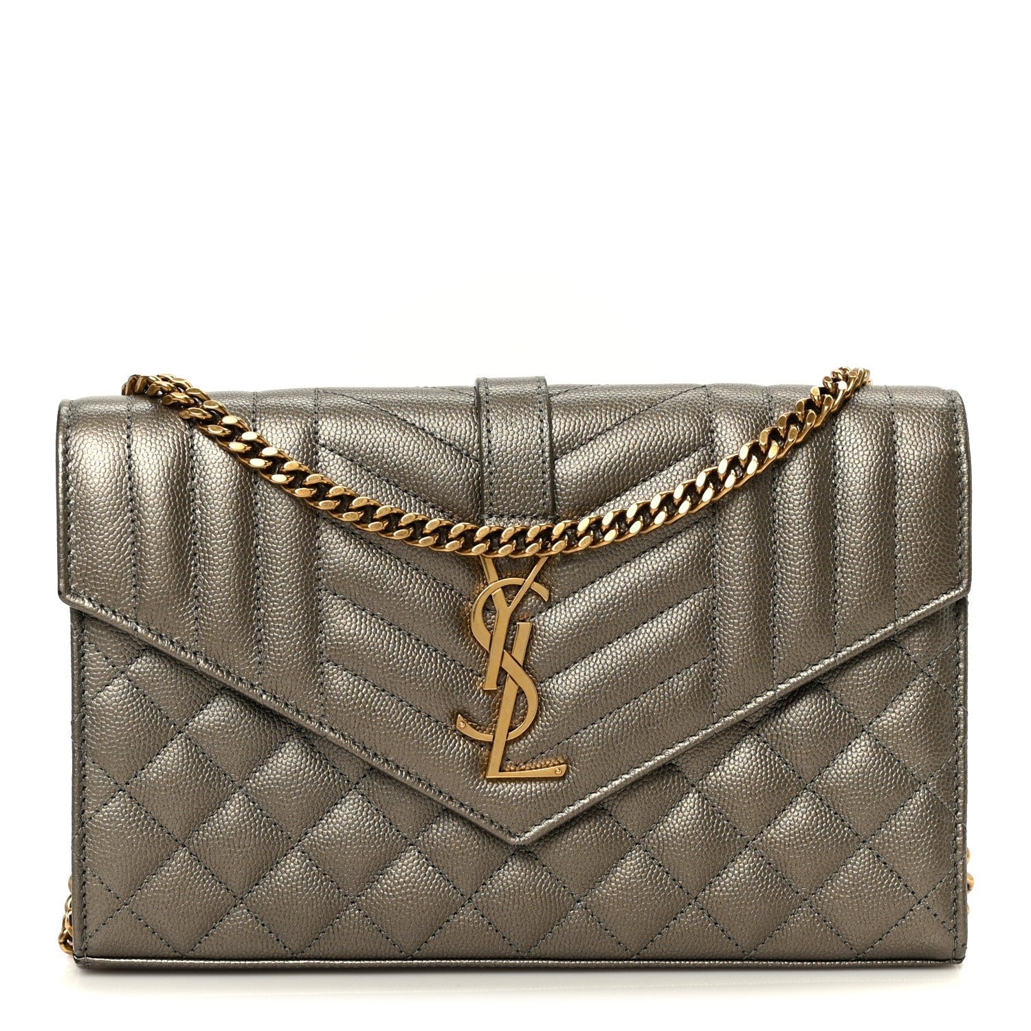 Saint Laurent Metallic Grain De Poudre Mixed Matelasse Triquilt Monogram Chain Wallet Piombo 1 of 9