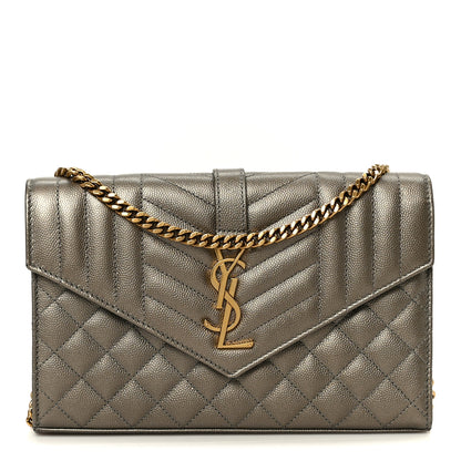 Saint Laurent Metallic Grain De Poudre Mixed Matelasse Triquilt Monogram Chain Wallet Piombo 1 of 9