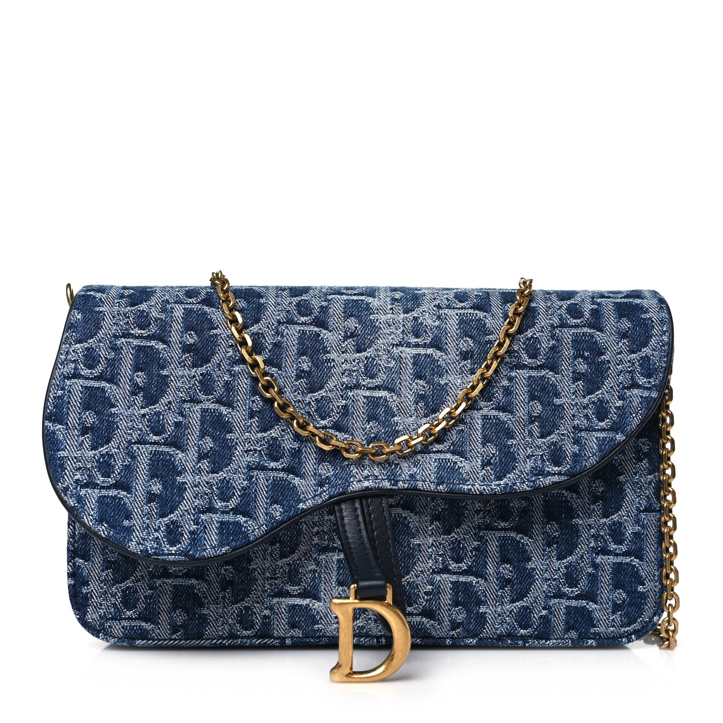Oblique Denim Saddle Chain Long Wallet Blue