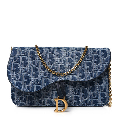 Christian Dior Oblique Denim Saddle Chain Long Wallet Blue 1 of 11
