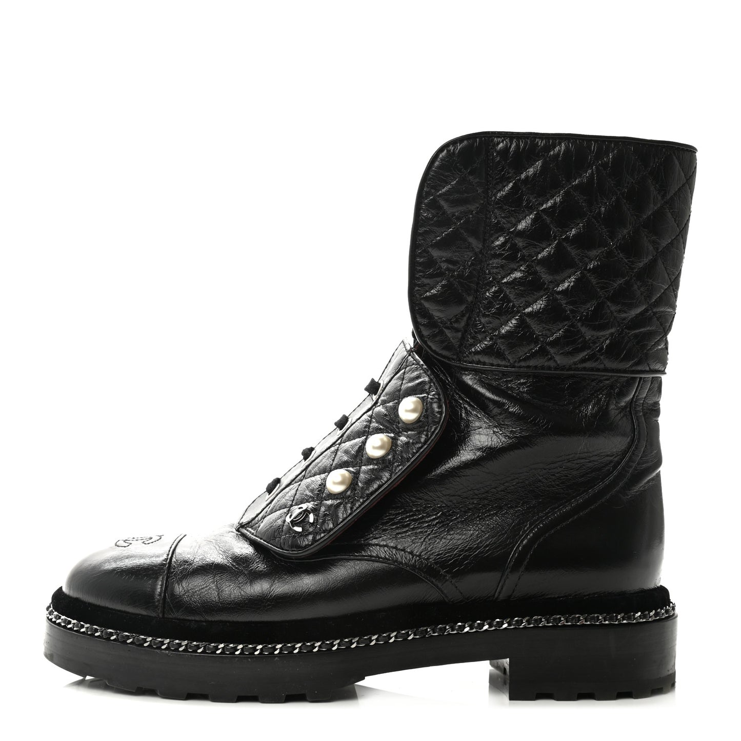 Crackled Calfskin Velvet Pearl Combat Boots 38.5 Black