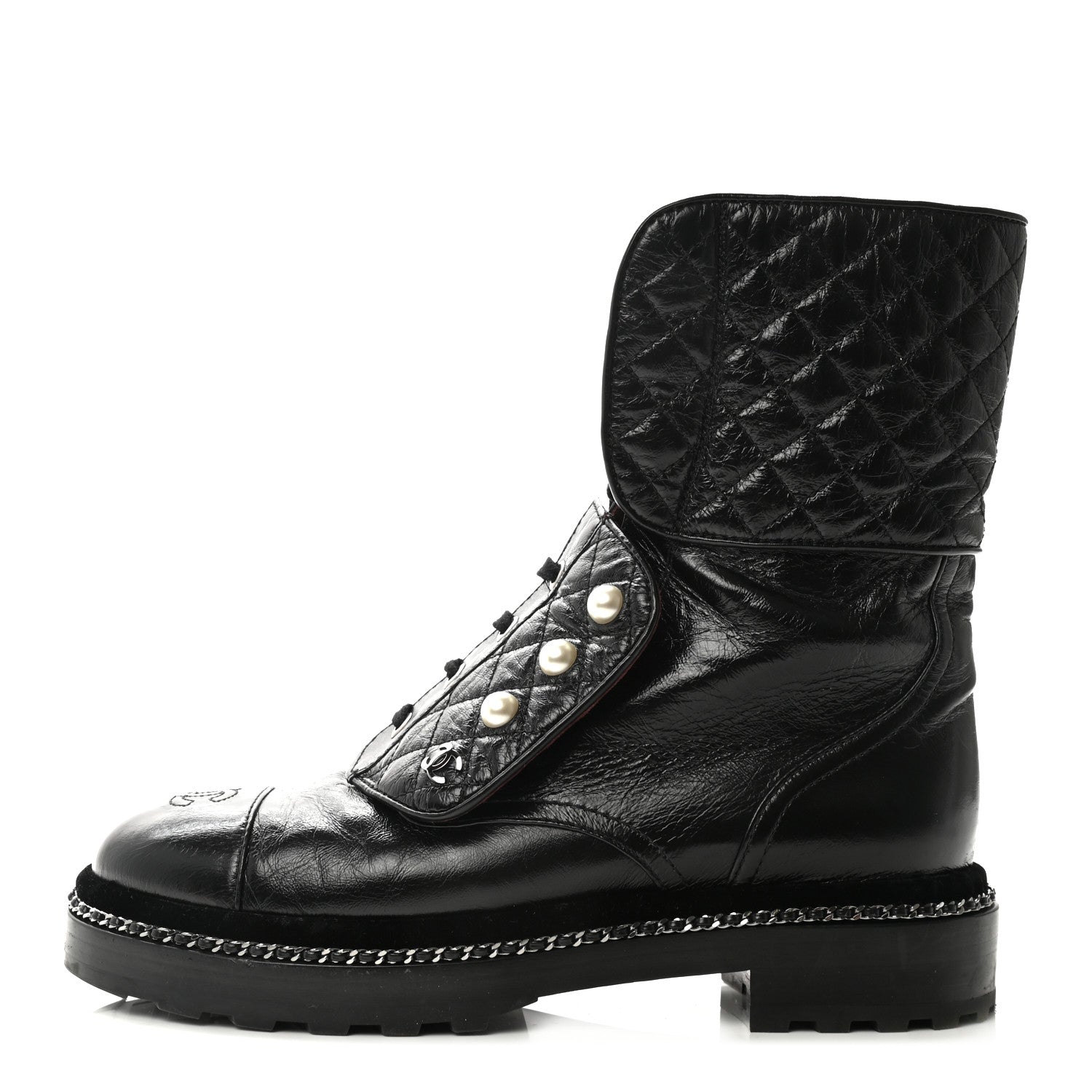 Chanel Crackled Calfskin Velvet Pearl Combat Boots 38.5 Black 1 of 10