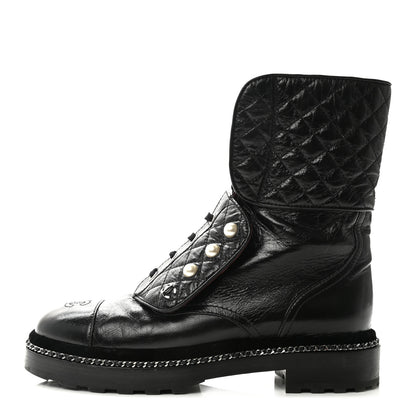 Chanel Crackled Calfskin Velvet Pearl Combat Boots 38.5 Black 1 of 10