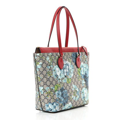 Gucci GG Supreme Monogram Blooms Medium Zippered Bucket Tote Beige Blue Navy Hibiscus Red 3 of 12