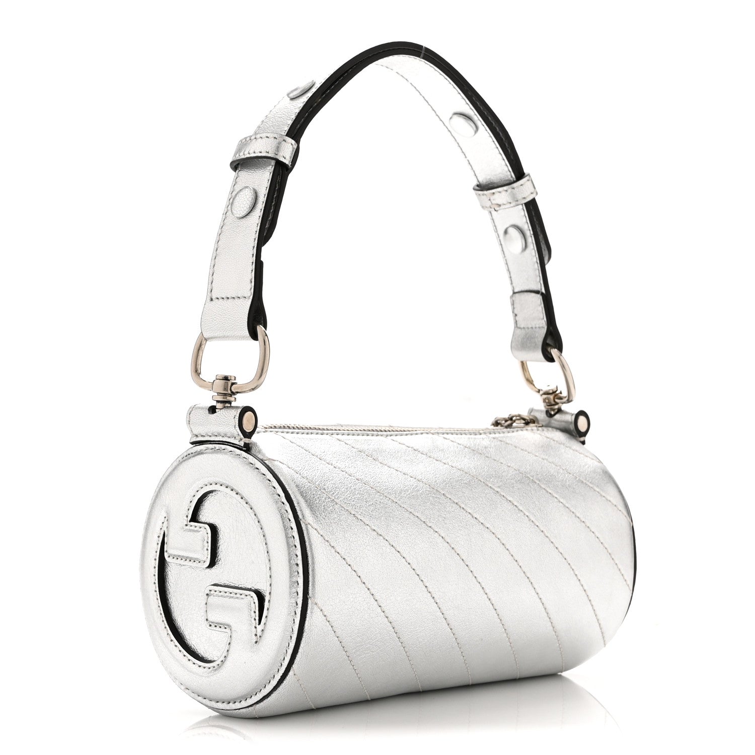 Gucci Sakai Be Green Calfskin Diagonal Stitched Mini Blondie Barrel Shoulder Bag Silver 3 of 10