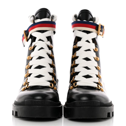 Gucci Calfskin Sylvie Web Womens Lace Up Combat Boots 38 Black 2 of 19