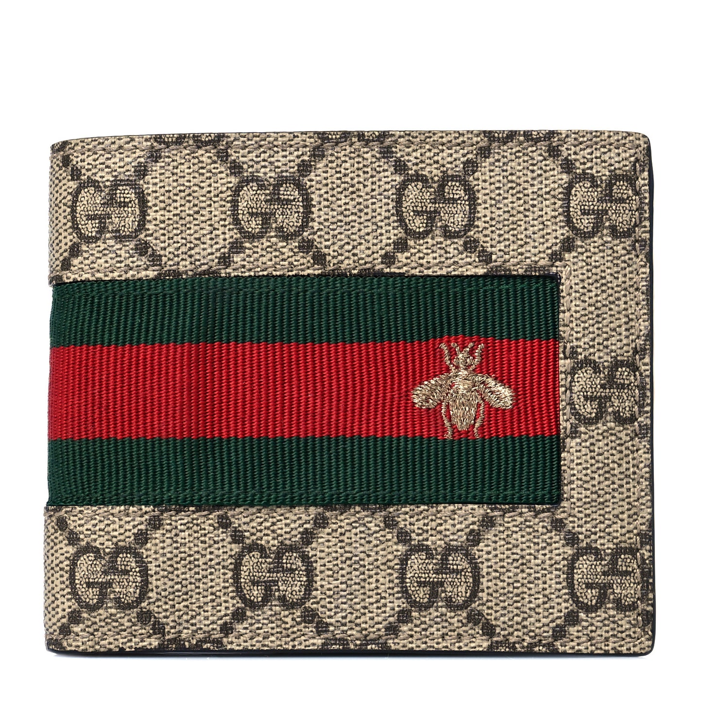 GG Supreme Monogram Selleria Calfskin Web Bee Embroidered New Web Bi-Fold Wallet Beige Ebony Cocoa