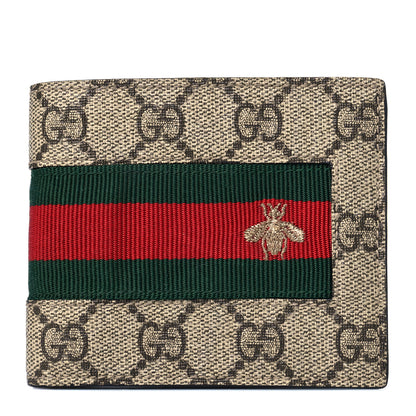 Gucci GG Supreme Monogram Selleria Calfskin Web Bee Embroidered New Web Bi-Fold Wallet Beige Ebony Cocoa 1 of 10