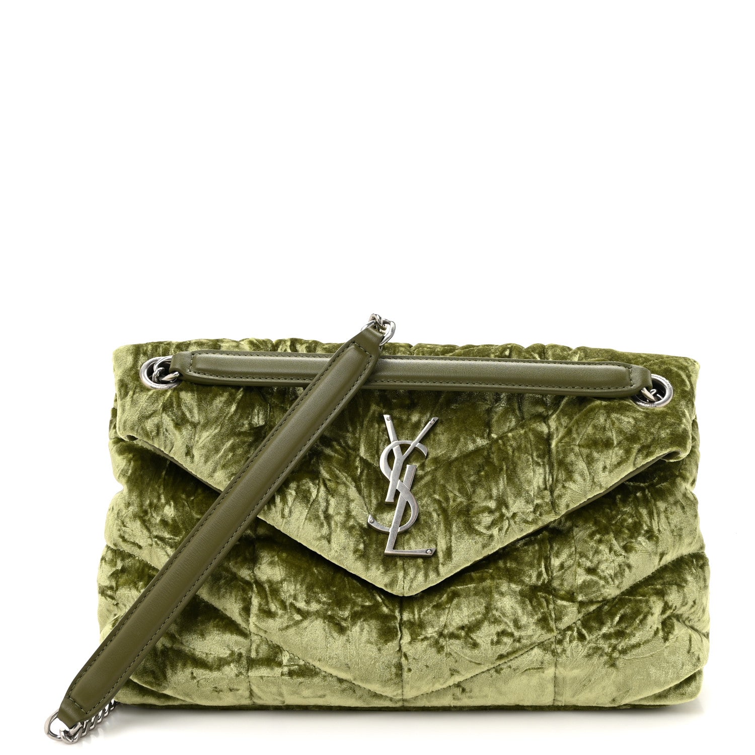 Saint Laurent Crushed Velvet Quilted Small Loulou Puffer Monogram Chain Satchel Green 1 of 10