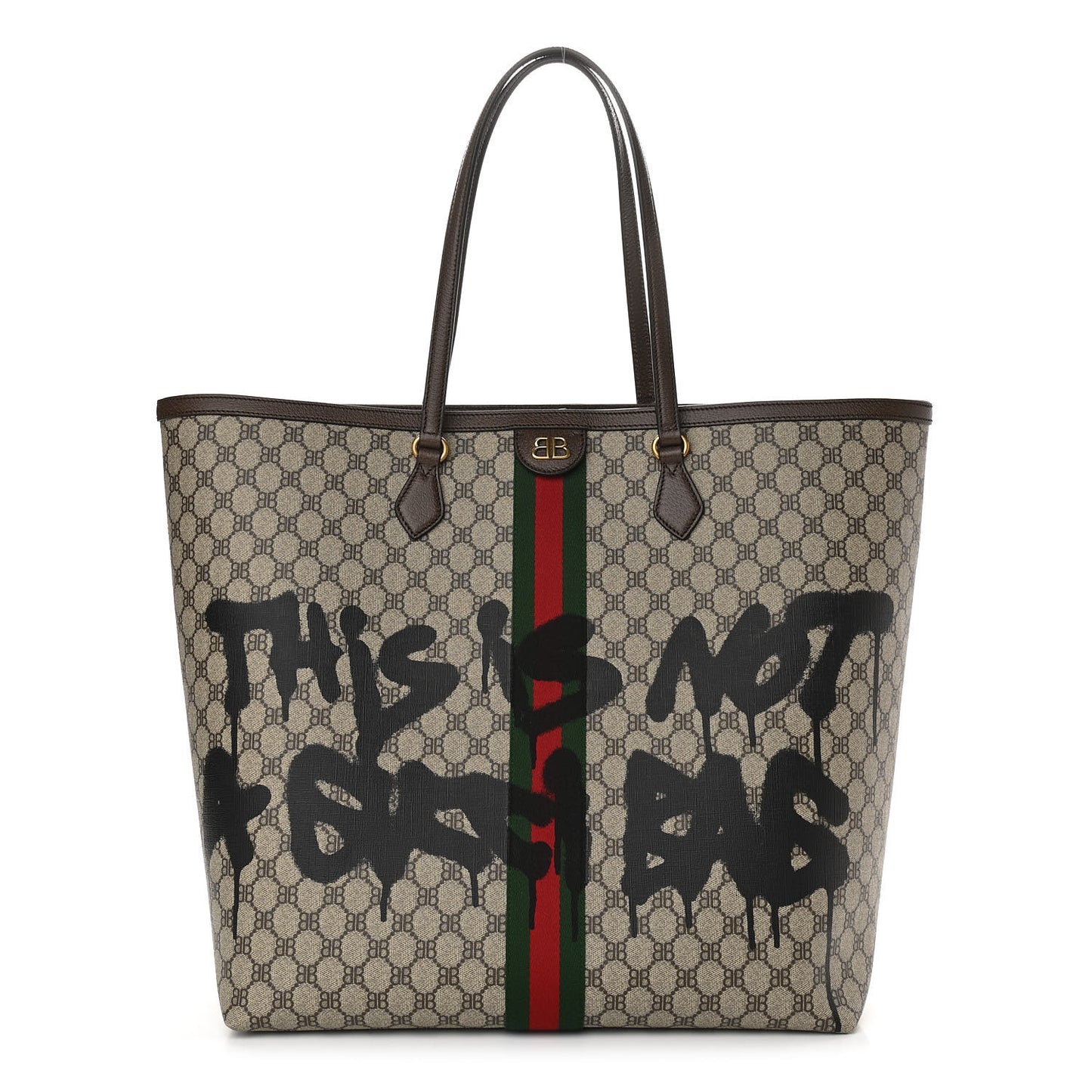 X BALENCIAGA BB Supreme Monogram Web Graffiti Large Ophidia Shopping Tote Beige New Acero