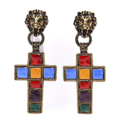 Gucci Metal Enamel Lion Cross Clip On Earrings Multicolor 1 of 5