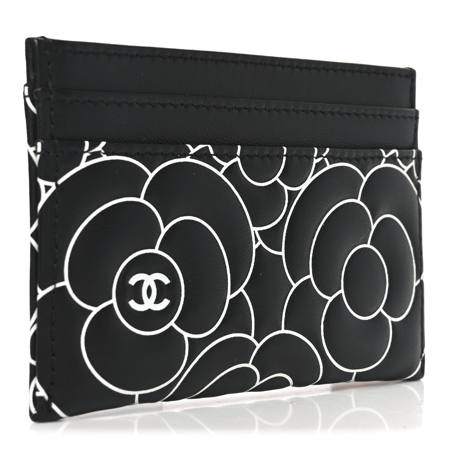 Lambskin Camellia Embossed Card Holder Black White