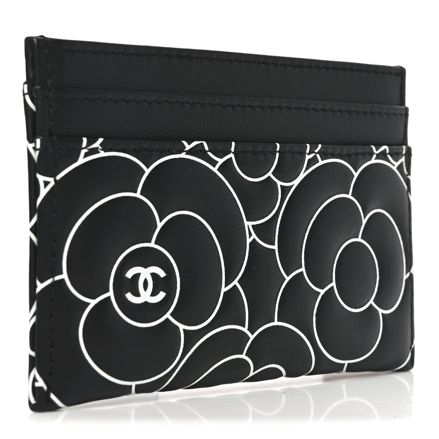 Chanel Lambskin Camellia Embossed Card Holder Black White 3 of 9