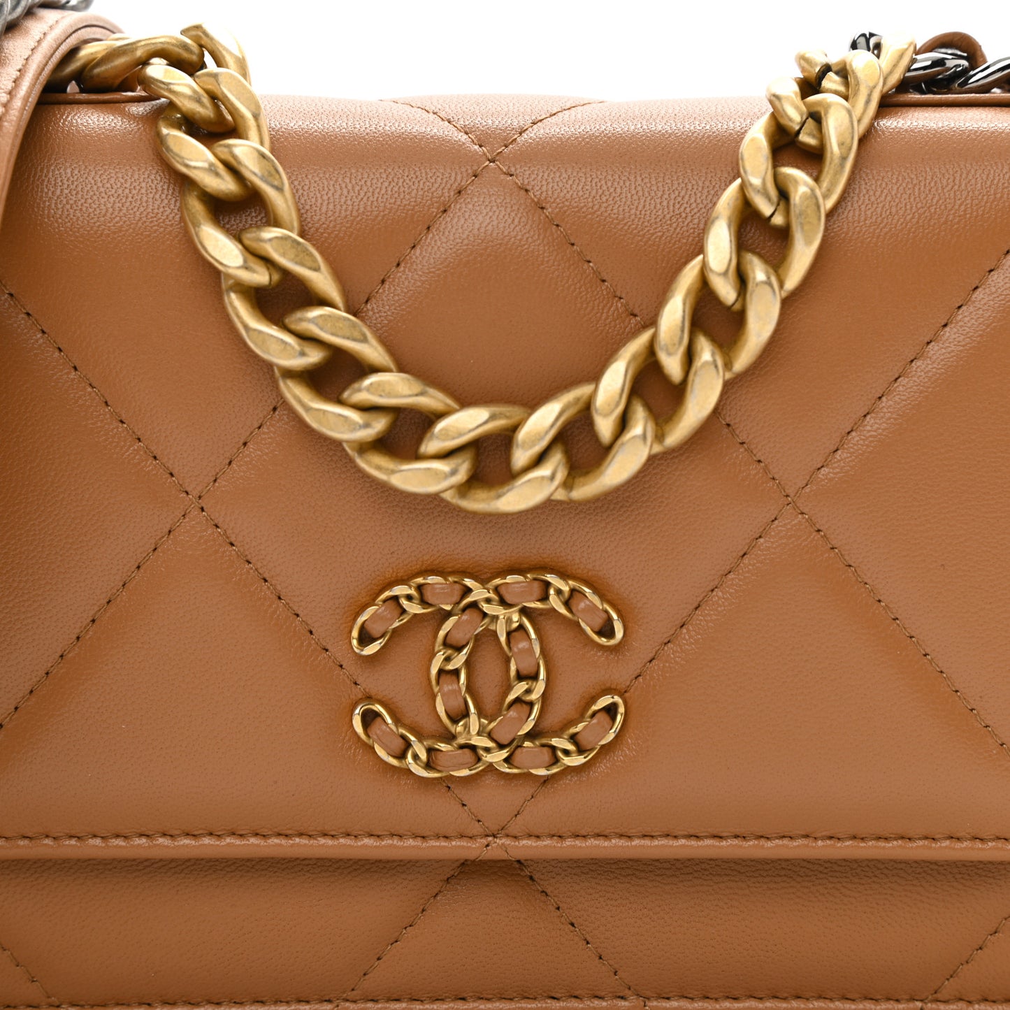 Lambskin Quilted Chanel 19 Wallet On Chain WOC Brown
