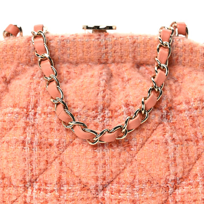 Chanel Wool Tweed Quilted CC Kisslock Clutch Coral Pink 8 of 10