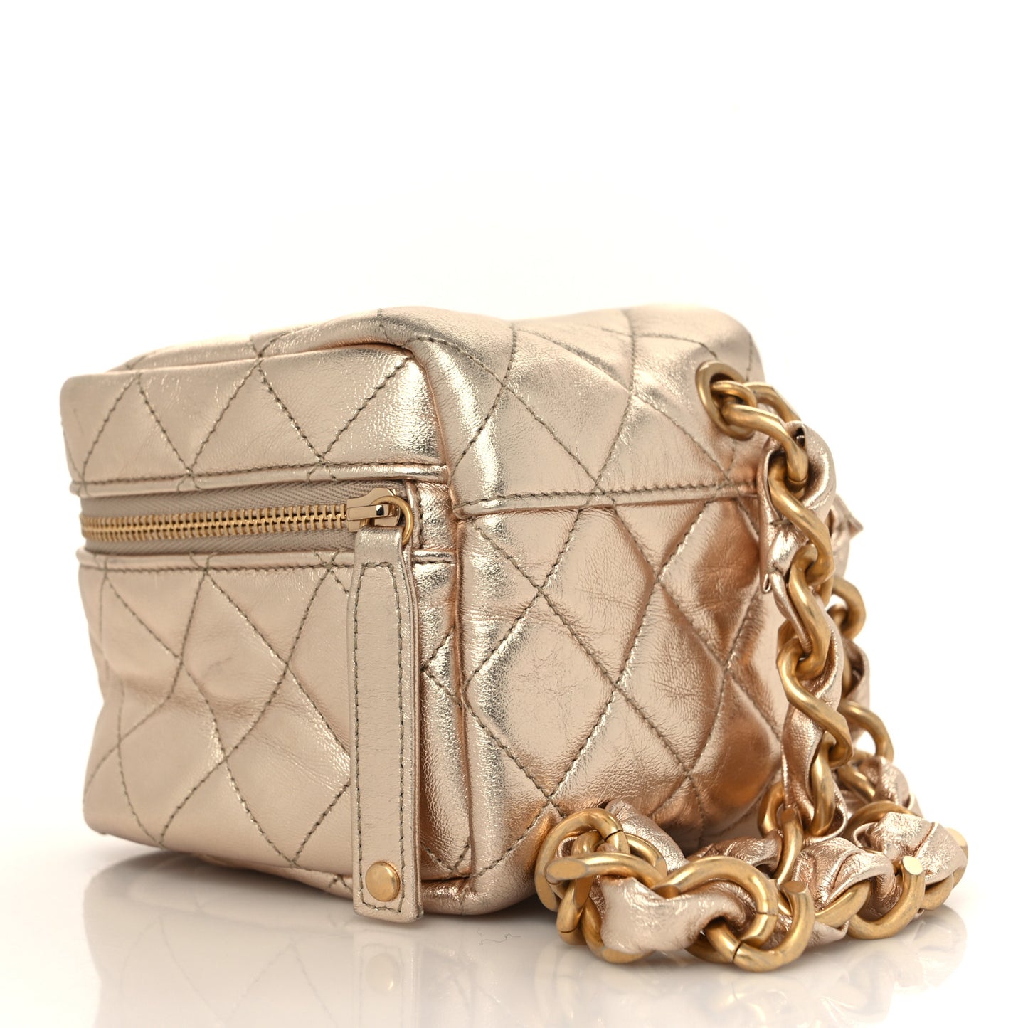 Metallic Lambskin Quilted Cube Chain Wristlet Case Gold