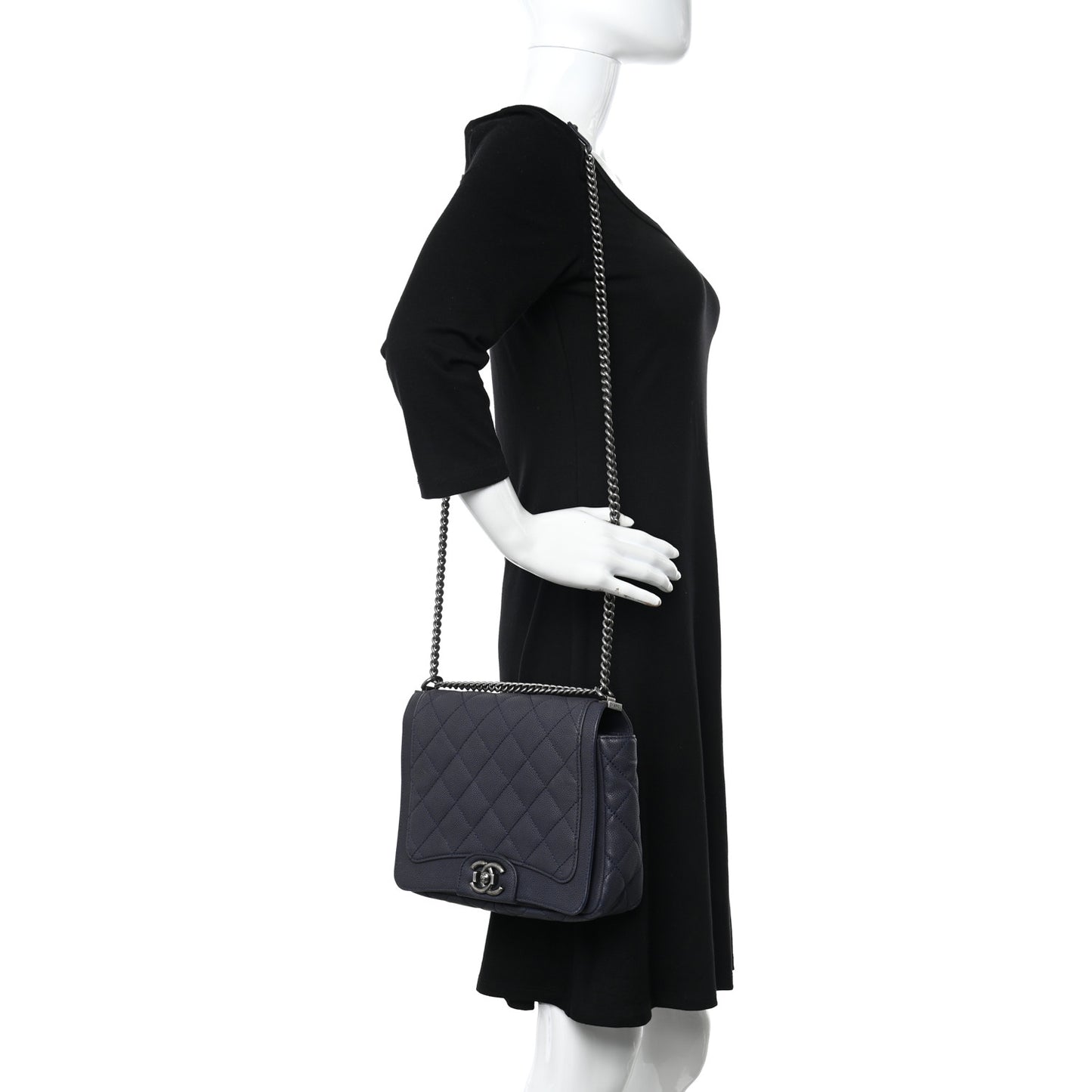 Washed Caviar Quilted Small Square Turn Around Ligne Flap Navy