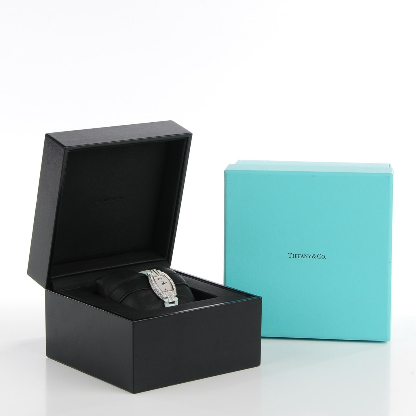 18K White Gold Satin Diamond Bezel 20mm Cocktail Quartz Watch Aqua