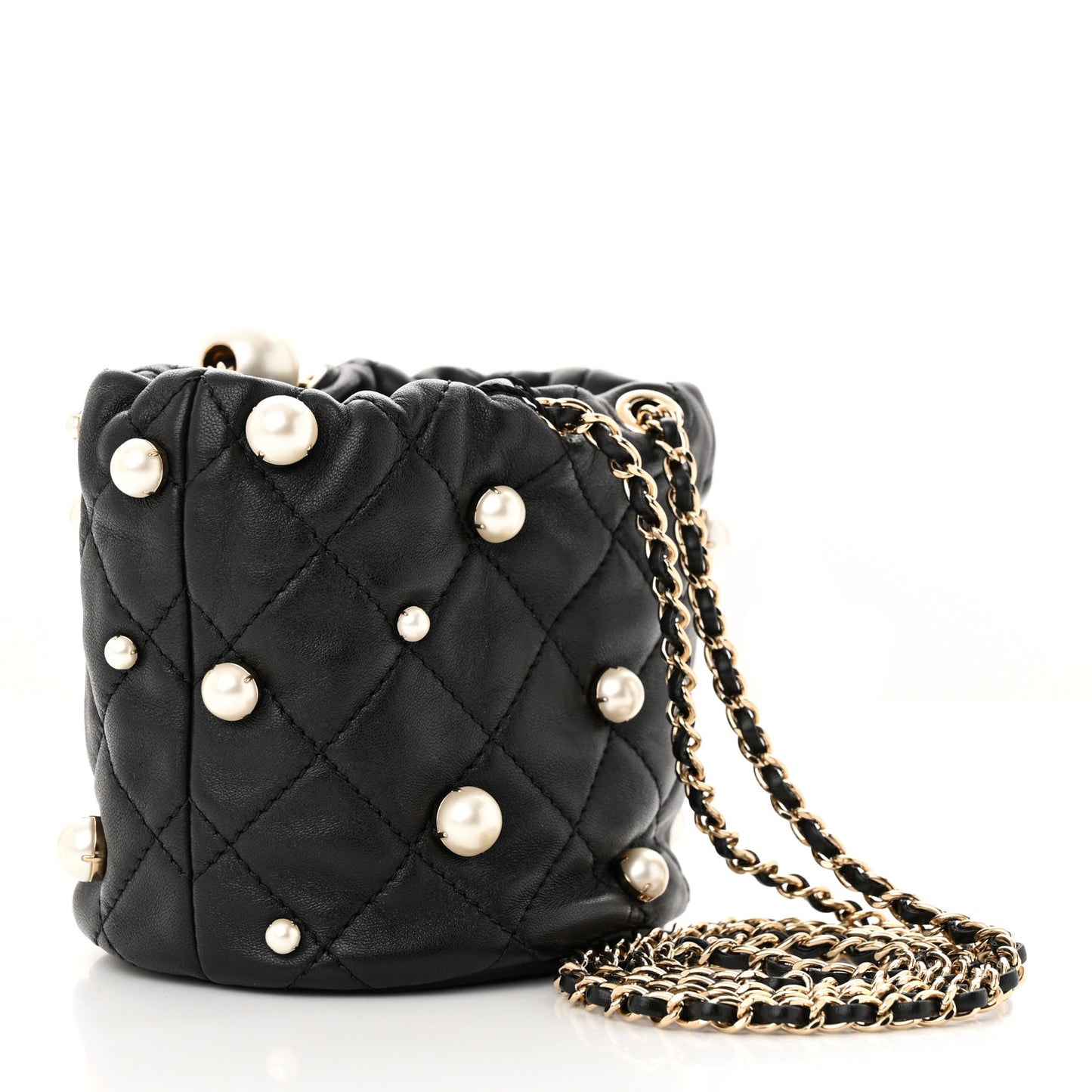 Lambskin Quilted Pearl Mini About Pearls Drawstring Bag Black